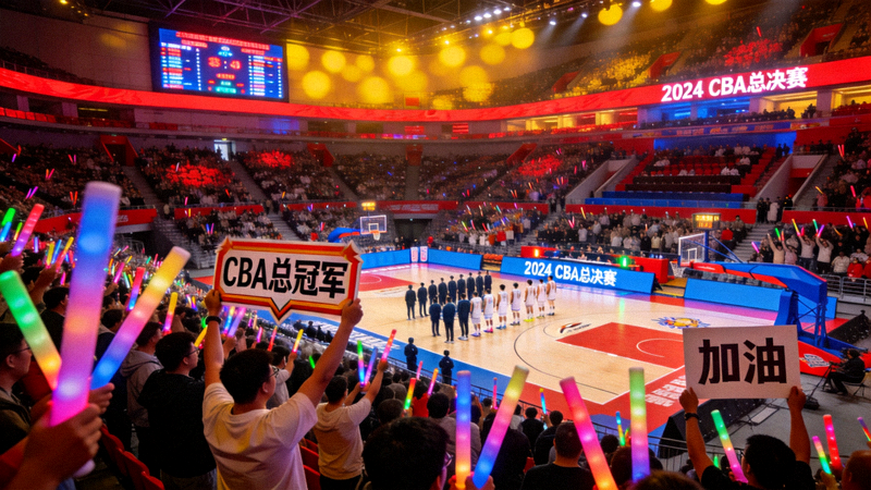 CBA总决赛赛场全景，球迷热烈欢呼，球员庆祝胜利