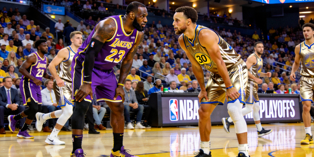 NBA季后赛焦点对决现场高清全景图，勒布朗·詹姆斯与斯蒂芬·库里在场上对峙