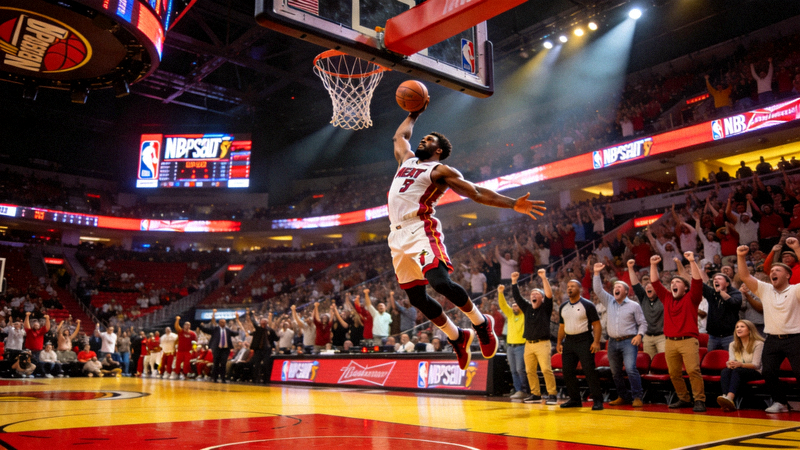 NBA季后赛现场，球员飞身扣篮瞬间，观众沸腾