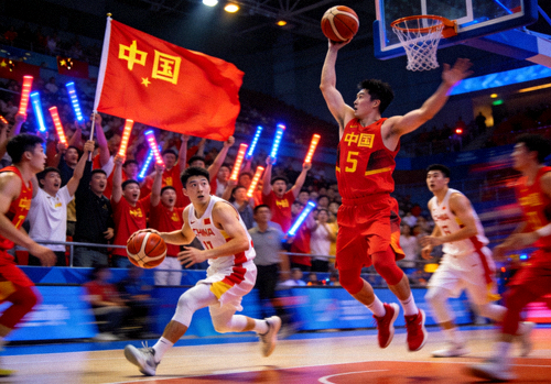 中国篮球国家队队员在国际赛场拼搏，球迷高举国旗支持